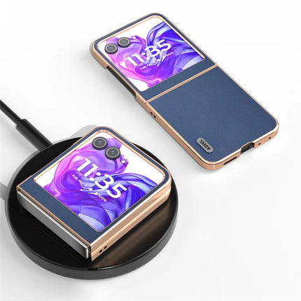 ABEEL For Motorola Razr 50 5G Case Electroplating Edge Genuine Cow Leather+PC Phone Cover