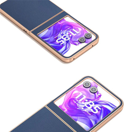 ABEEL For Motorola Razr 50 5G Case Electroplating Edge Genuine Cow Leather+PC Phone Cover