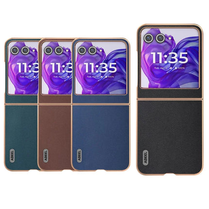 ABEEL For Motorola Razr 50 5G Case Electroplating Edge Genuine Cow Leather+PC Phone Cover