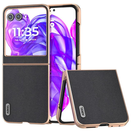 ABEEL For Motorola Razr 50 5G Case Electroplating Edge Genuine Cow Leather+PC Phone Cover - Black