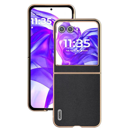 ABEEL For Motorola Razr 50 5G Case Electroplating Edge Genuine Cow Leather+PC Phone Cover
