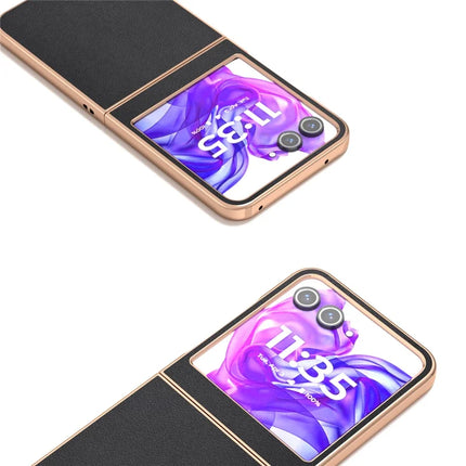 ABEEL For Motorola Razr 50 5G Case Electroplating Edge Genuine Cow Leather+PC Phone Cover