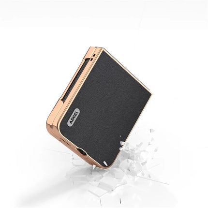 ABEEL For Motorola Razr 50 5G Case Electroplating Edge Genuine Cow Leather+PC Phone Cover