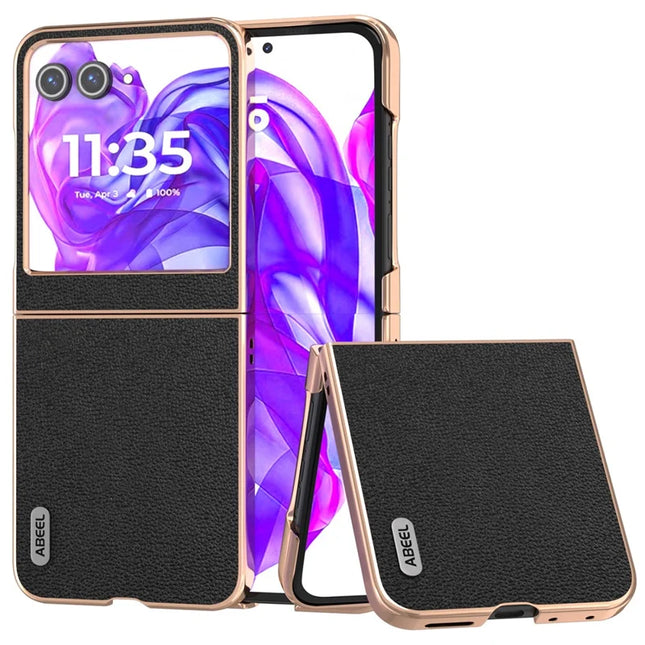 ABEEL For Motorola Razr 50 5G Case Electroplating Edge Genuine Cow Leather Coated PC Phone Cover - Black
