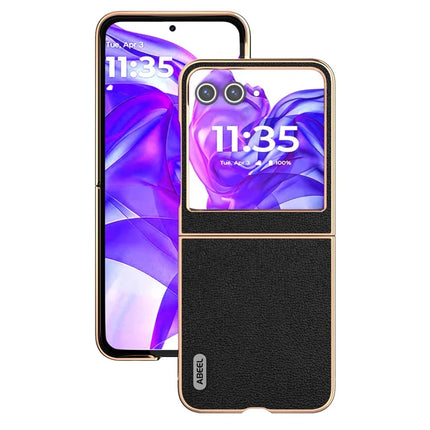 ABEEL For Motorola Razr 50 5G Case Electroplating Edge Genuine Cow Leather Coated PC Phone Cover