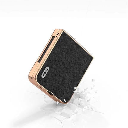 ABEEL For Motorola Razr 50 5G Case Electroplating Edge Genuine Cow Leather Coated PC Phone Cover