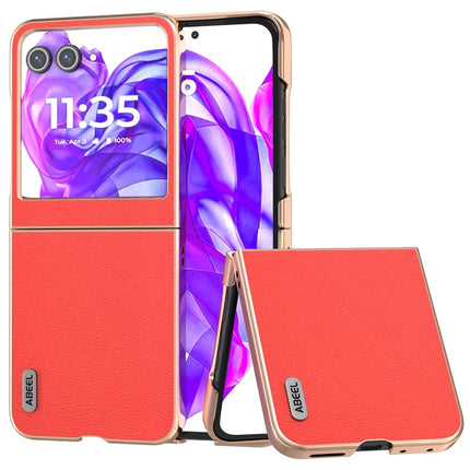 ABEEL For Motorola Razr 50 5G Case Electroplating Edge Genuine Cow Leather Coated PC Phone Cover - Red