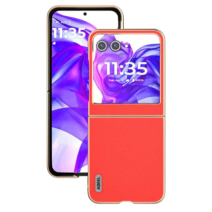ABEEL For Motorola Razr 50 5G Case Electroplating Edge Genuine Cow Leather Coated PC Phone Cover