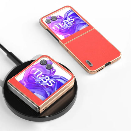 ABEEL For Motorola Razr 50 5G Case Electroplating Edge Genuine Cow Leather Coated PC Phone Cover