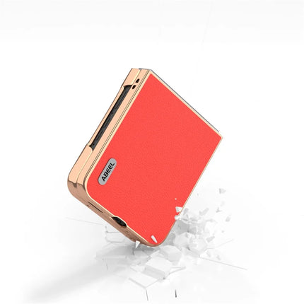 ABEEL For Motorola Razr 50 5G Case Electroplating Edge Genuine Cow Leather Coated PC Phone Cover