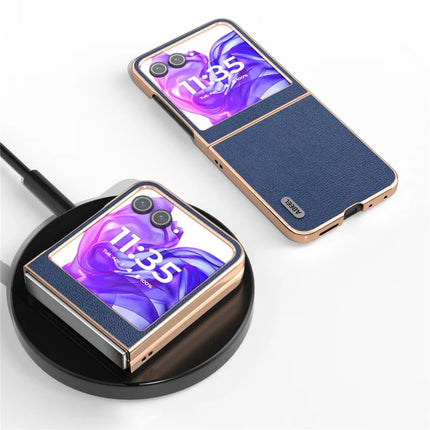 ABEEL For Motorola Razr 50 5G Case Electroplating Edge Genuine Cow Leather Coated PC Phone Cover