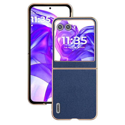 ABEEL For Motorola Razr 50 5G Case Electroplating Edge Genuine Cow Leather Coated PC Phone Cover