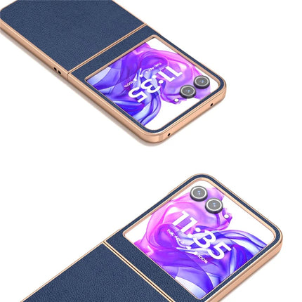 ABEEL For Motorola Razr 50 5G Case Electroplating Edge Genuine Cow Leather Coated PC Phone Cover
