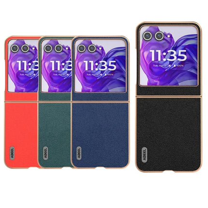 ABEEL For Motorola Razr 50 5G Case Electroplating Edge Genuine Cow Leather Coated PC Phone Cover
