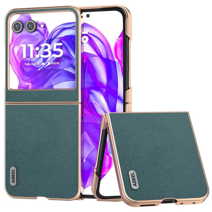 ABEEL For Motorola Razr 50 5G Case Electroplating Edge Genuine Cow Leather Coated PC Phone Cover - Midnight Green