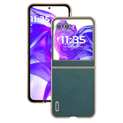 ABEEL For Motorola Razr 50 5G Case Electroplating Edge Genuine Cow Leather Coated PC Phone Cover
