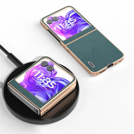 ABEEL For Motorola Razr 50 5G Case Electroplating Edge Genuine Cow Leather Coated PC Phone Cover