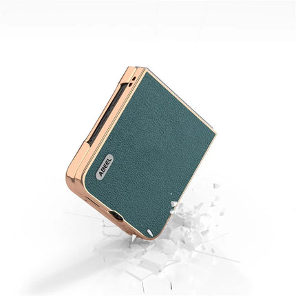 ABEEL For Motorola Razr 50 5G Case Electroplating Edge Genuine Cow Leather Coated PC Phone Cover