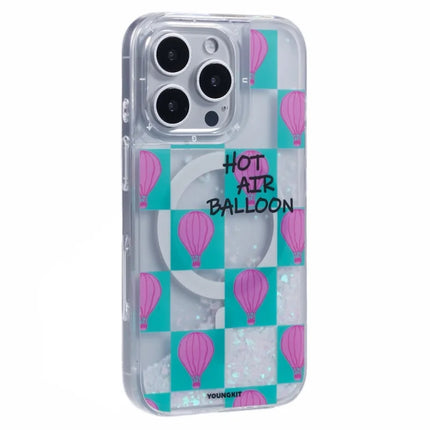 YOUNGKIT For iPhone 16 Pro Max Case Compatible with MagSafe Waterfall Quicksand PC+TPU Phone Cover -  Small Hot Air Balloon