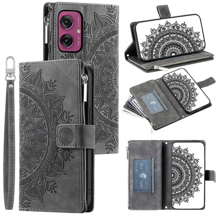 Style 006 For Motorola Moto G55 5G Wallet Case PU Leather Phone Cover Mandala Flower Pattern - Grey