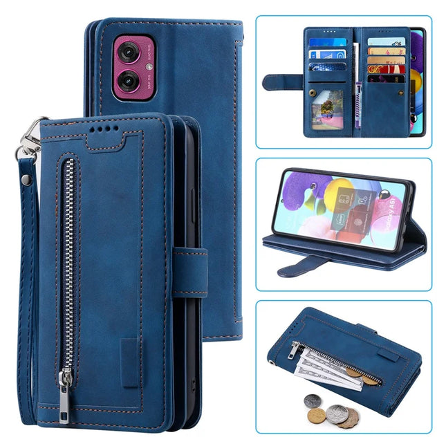 For Motorola Moto G55 5G Case PU Leather Phone Cover with Zipper Wallet 9 Card Slots - Blue