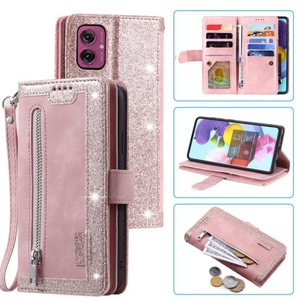 For Motorola Moto G55 5G Case PU Leather Phone Cover with Zipper Wallet 9 Card Slots - Rose Gold