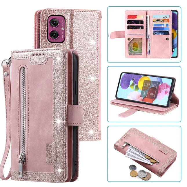 For Motorola Moto G55 5G Case PU Leather Phone Cover with Zipper Wallet 9 Card Slots - Rose Gold