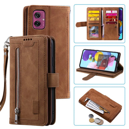 For Motorola Moto G55 5G Case PU Leather Phone Cover with Zipper Wallet 9 Card Slots - Brown