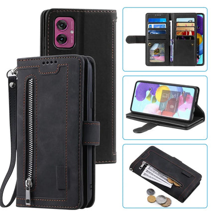 For Motorola Moto G55 5G Case PU Leather Phone Cover with Zipper Wallet 9 Card Slots - Black