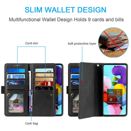 For Motorola Moto G55 5G Case PU Leather Phone Cover with Zipper Wallet 9 Card Slots