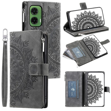 Style 006 For Motorola Moto G35 5G Wallet Case PU Leather Phone Cover Mandala Flower Pattern - Grey