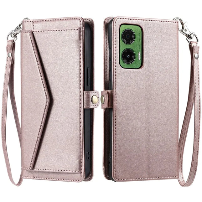 For Motorola Moto G35 5G Leather Case with Wrist Strap Wallet Stand Phone Cover - Rose Gold