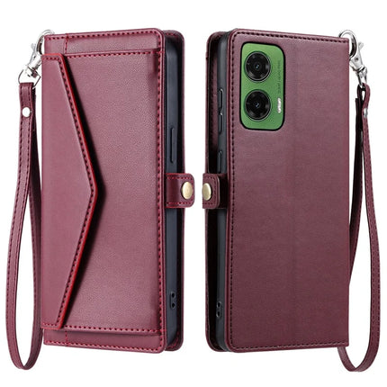 For Motorola Moto G35 5G Leather Case with Wrist Strap Wallet Stand Phone Cover - Wine Red