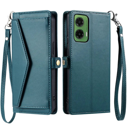 For Motorola Moto G35 5G Leather Case with Wrist Strap Wallet Stand Phone Cover - Blackish Green