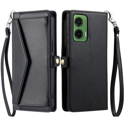 For Motorola Moto G35 5G Leather Case with Wrist Strap Wallet Stand Phone Cover - Black