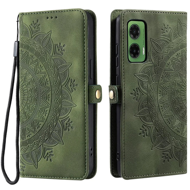 Style 016 For Motorola Moto G35 5G Case Skin Feel Totem Imprinted Wallet Leather Phone Cover - Blackish Green