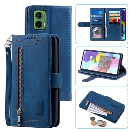 For Motorola Moto G35 5G Case PU Leather Phone Cover with Zipper Wallet 9 Card Slots - Blue