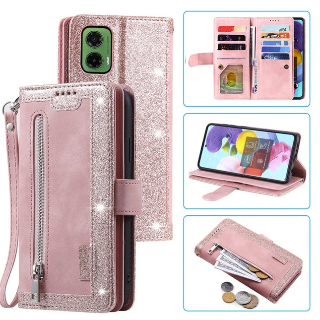 For Motorola Moto G35 5G Case PU Leather Phone Cover with Zipper Wallet 9 Card Slots - Rose Gold