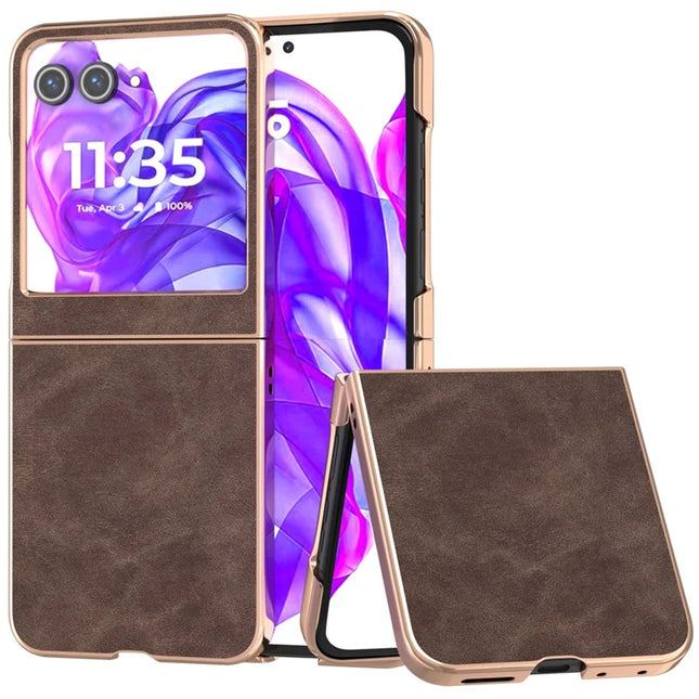 For Motorola Razr 50 5G Case Electroplating PU+PC Shockproof Phone Cover - Coffee