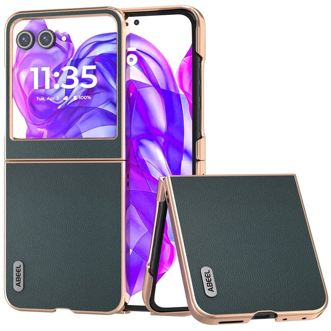 ABEEL For Motorola Razr 50 5G Case Electroplating Genuine Cow Leather PC Phone Cover - Green