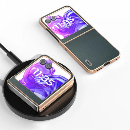 ABEEL For Motorola Razr 50 5G Case Electroplating Genuine Cow Leather PC Phone Cover