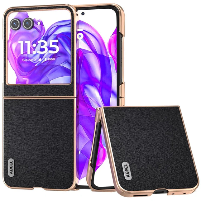 ABEEL For Motorola Razr 50 5G Case Electroplating Genuine Cow Leather PC Phone Cover - Black