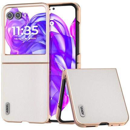 ABEEL For Motorola Razr 50 5G Case Electroplating Genuine Cow Leather PC Phone Cover - White