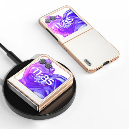 ABEEL For Motorola Razr 50 5G Case Electroplating Genuine Cow Leather PC Phone Cover