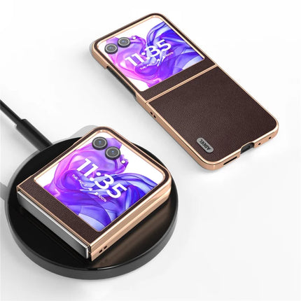 ABEEL For Motorola Razr 50 5G Case Electroplating Genuine Cow Leather PC Phone Cover