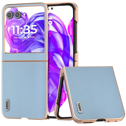 ABEEL For Motorola Razr 50 5G Case Electroplating Genuine Cow Leather PC Phone Cover - Sky Blue