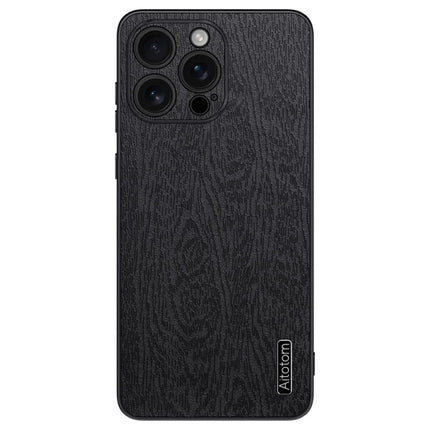 For iPhone 16 Pro Max Case Wood Texture PU Leather Coated PC+TPU Phone Cover - Black