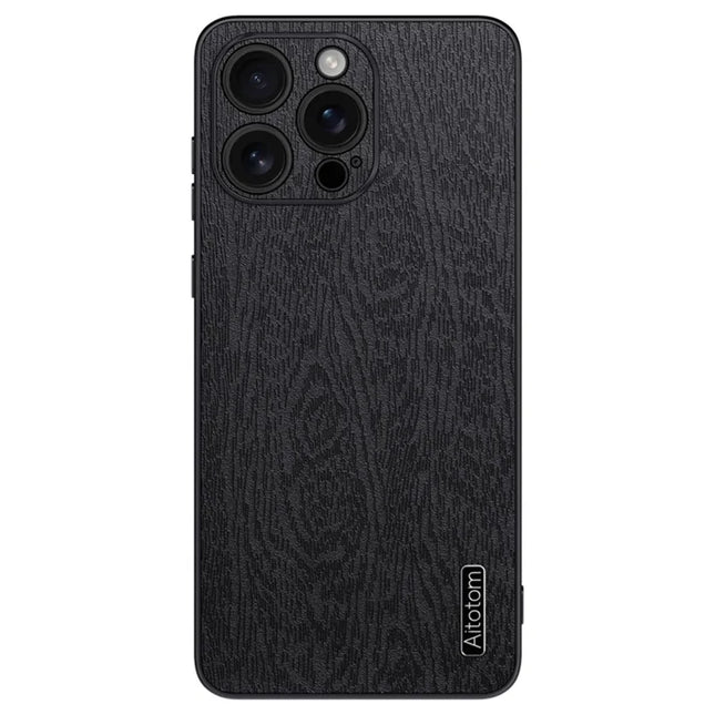 For iPhone 16 Pro Max Case Wood Texture PU Leather Coated PC+TPU Phone Cover - Black