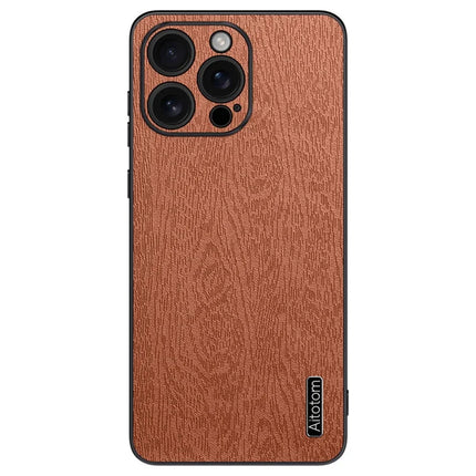 For iPhone 16 Pro Max Case Wood Texture PU Leather Coated PC+TPU Phone Cover - Brown