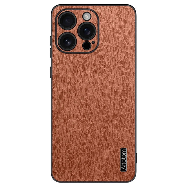 For iPhone 16 Pro Max Case Wood Texture PU Leather Coated PC+TPU Phone Cover - Brown